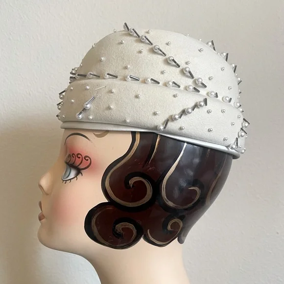 OLEG CASSINI Vtg Pill Box HAT Beautiful Wool Satin Pearls & Beads Union Made USA All Saints Women 6 Mabel Coat White Double Breasted  main image 3